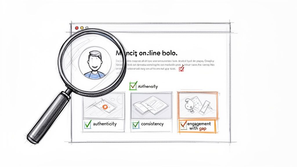 Sketch of web browser with magnifying glass on user profile, evaluating content strategy for authenticity and engagement.