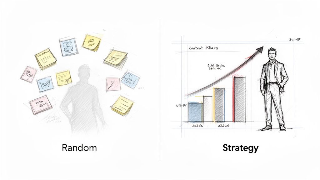 Illustration showing the contrast between random, scattered ideas and a clear, growth-oriented content strategy.