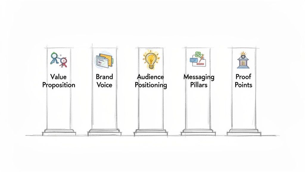 Five marketing pillars: Value Proposition, Brand Voice, Audience Positioning, Messaging Pillars, and Proof Points.