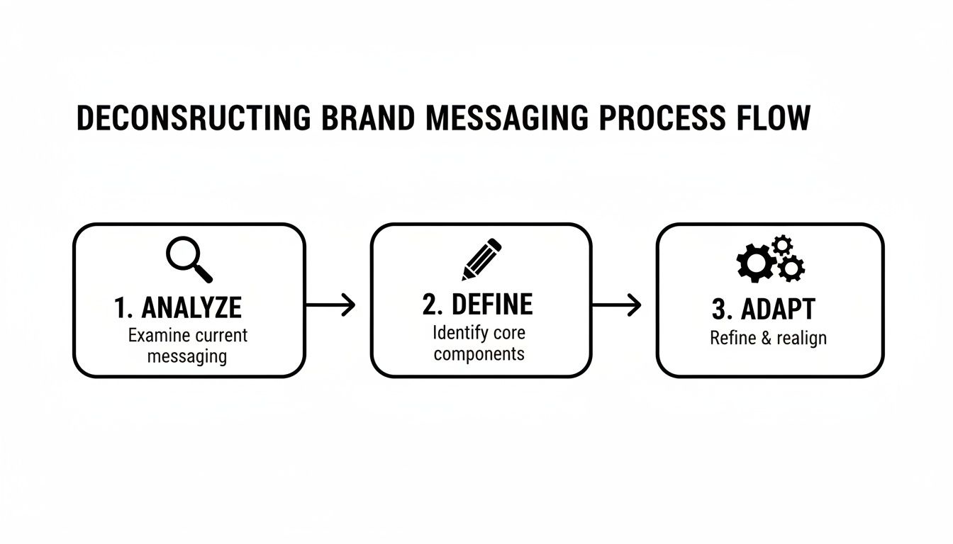A 'Deconstructing Brand Messaging Process Flow' diagram with three key steps: Analyze, Define, and Adapt for refinement.