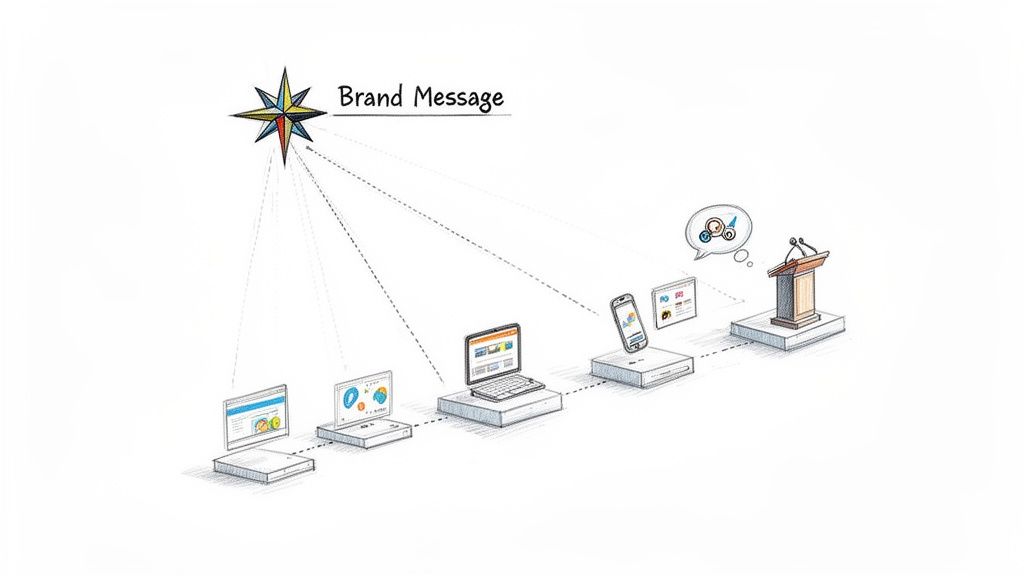 Diagram showing a 'Brand Message' star distributing content to laptops, a smartphone, and a speaker's podium.