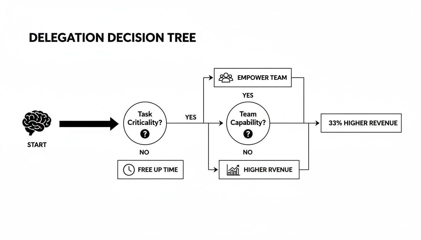 A delegation decision tree flowchart outlining steps for effective task delegation and its outcomes.