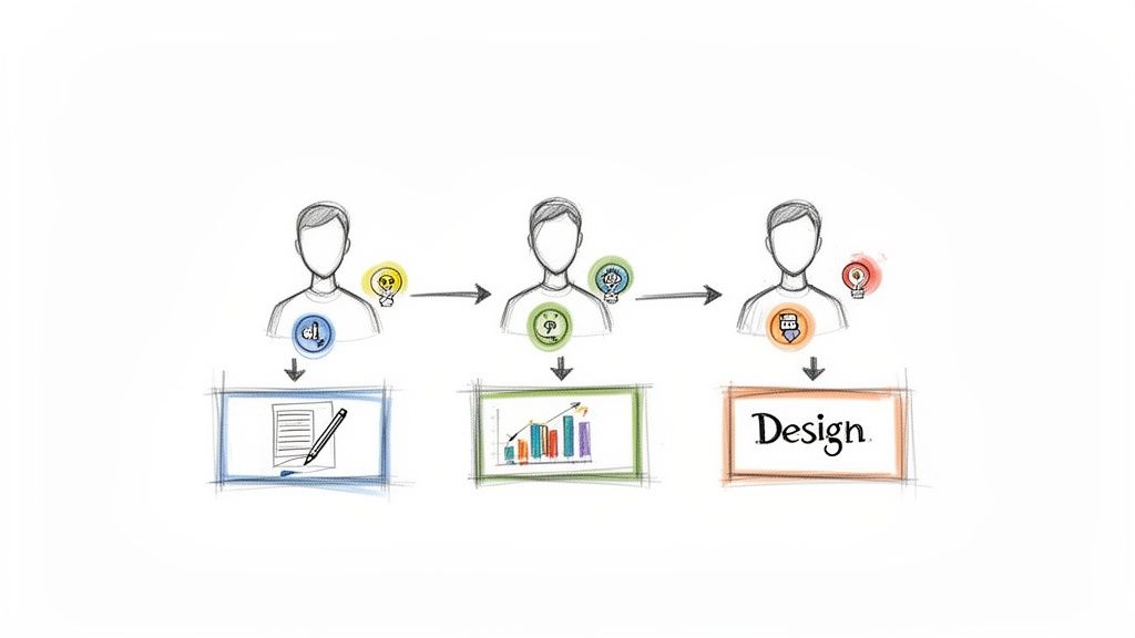 Diagram showing a three-step creative workflow: conceptualization, data analysis, and design execution.