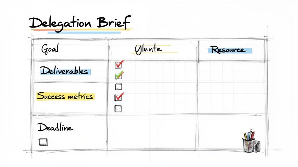 A handwritten delegation brief template outlining goal, deliverables, success metrics, and resources.