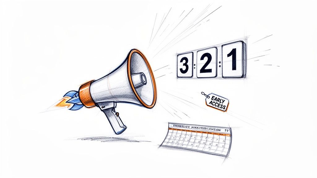 Sketch of a megaphone launching with a countdown, early access tag, and calendar, symbolizing a product launch.