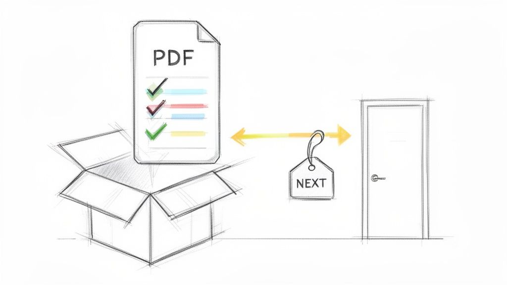 Sketch of a PDF document emerging from a box, connected by arrows with a 'NEXT' tag to a door, illustrating a workflow.