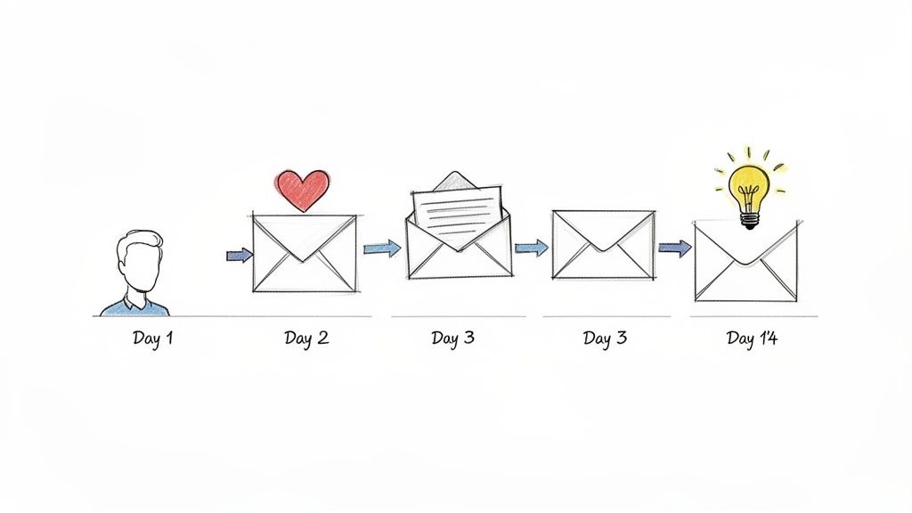 A visual timeline illustrating an email drip campaign flow, from a new user to generating an idea.