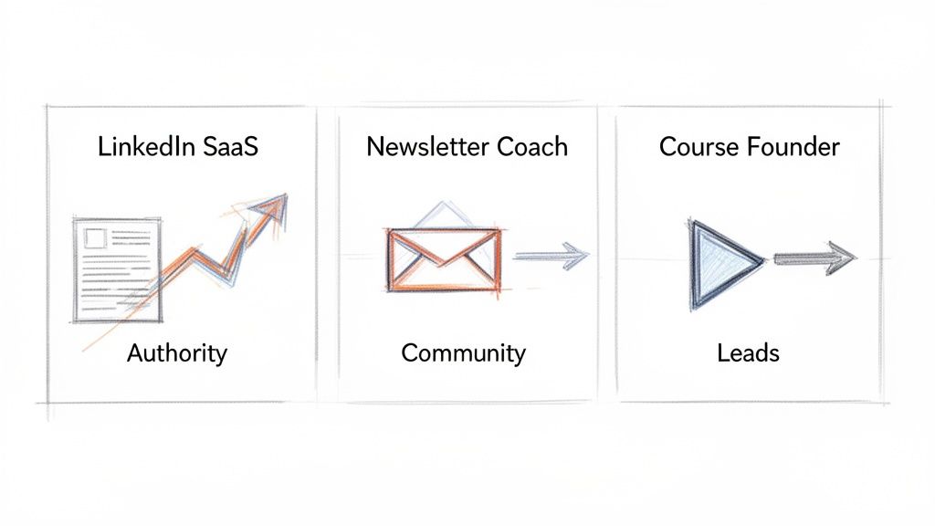 A three-step content marketing strategy showing LinkedIn SaaS for authority, newsletter for community, and courses for leads.