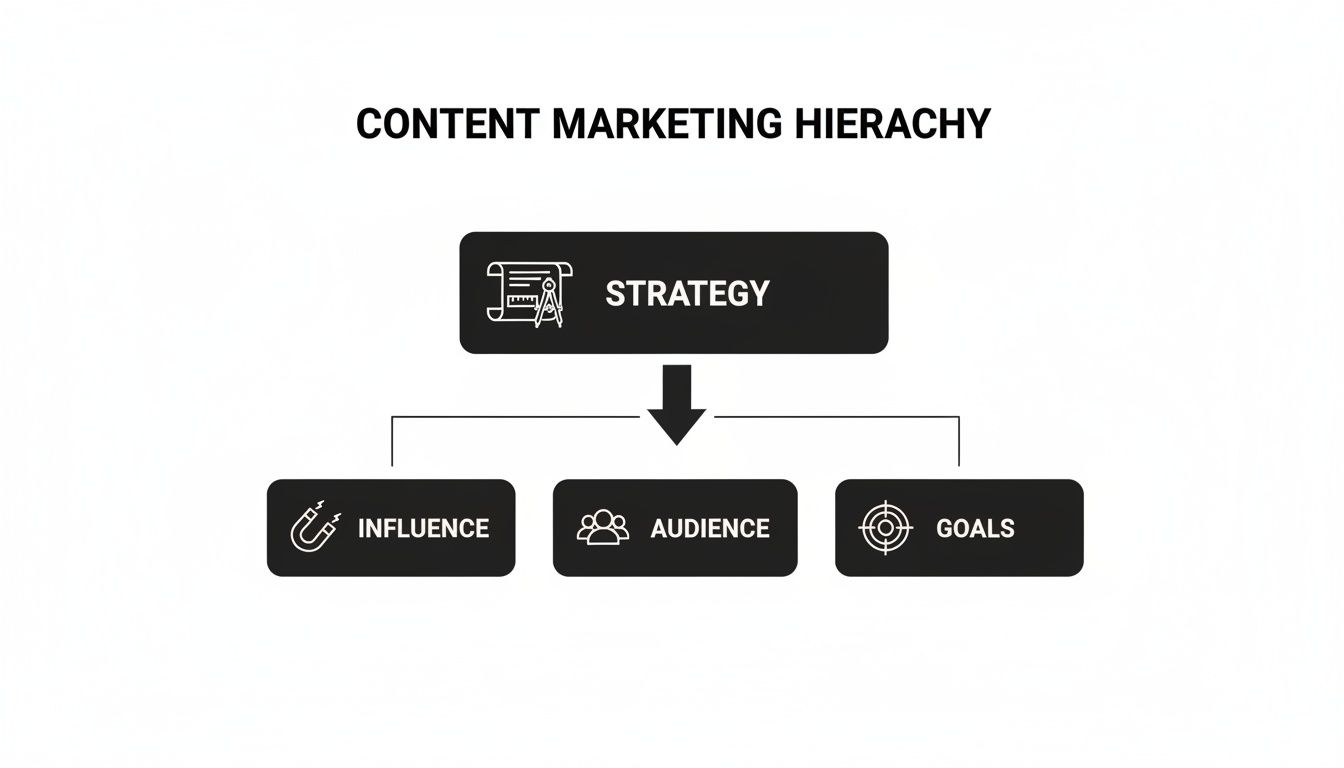 A content marketing hierarchy diagram showing Strategy, Influence, Audience, and Goals.