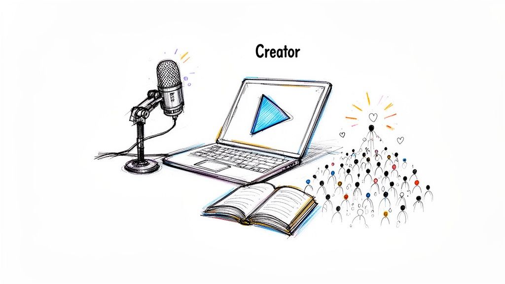 An illustration of a creator using a microphone and laptop to engage an audience with content.