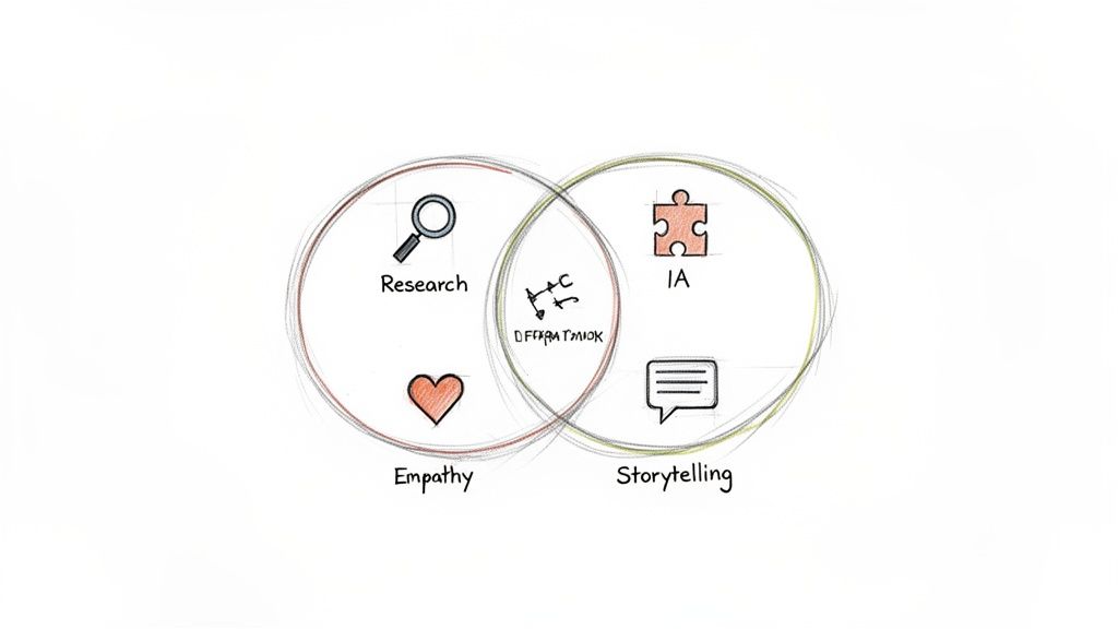 A hand-drawn Venn diagram illustrating the intersection of Research, Empathy, IA, and Storytelling, with differentiation.
