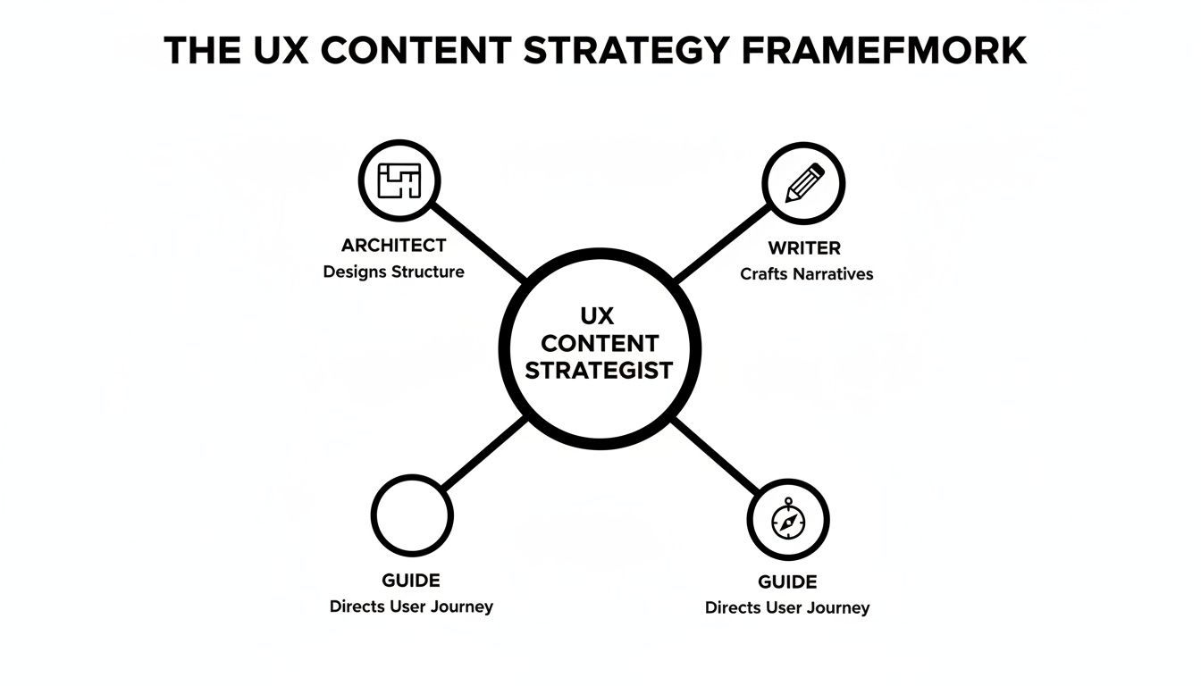 Infographic illustrating the core functions and roles of a UX content strategist.