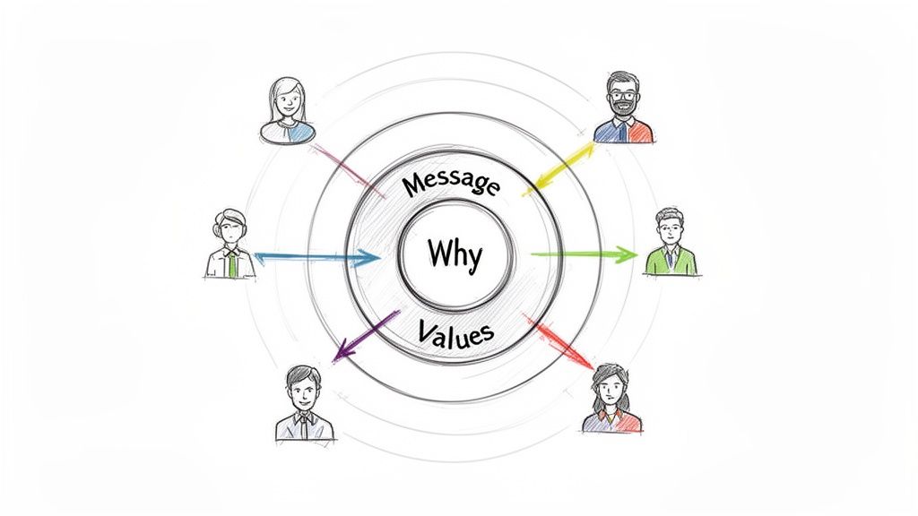 A business diagram illustrating core 'Why', 'Message', and 'Values' connecting with six diverse individuals.