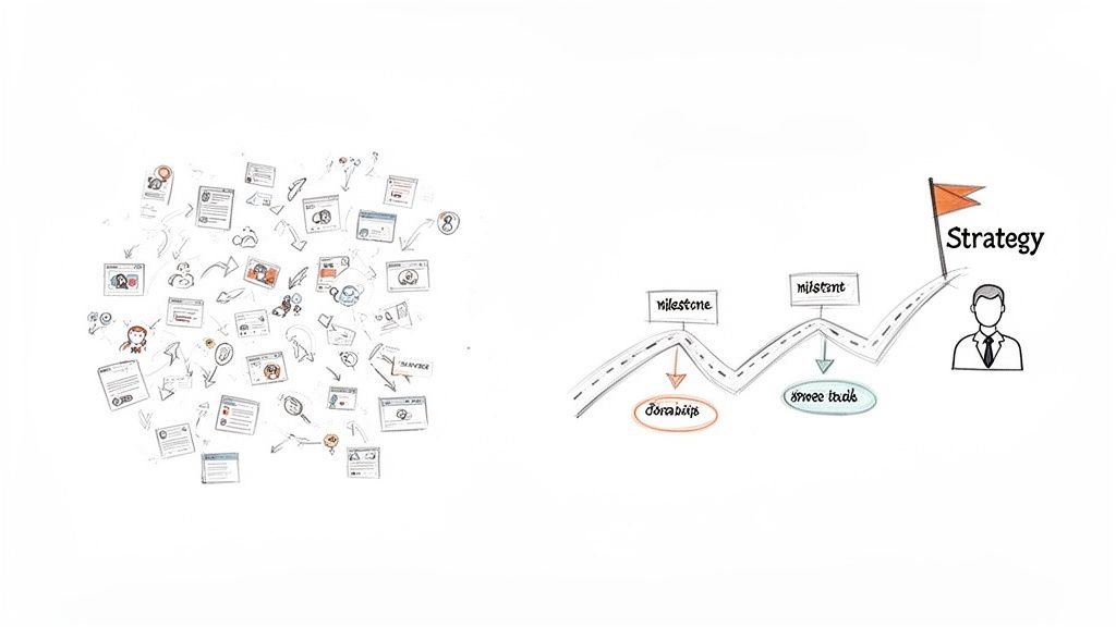 Illustration depicting a web of digital content elements alongside a strategic plan roadmap with milestones.