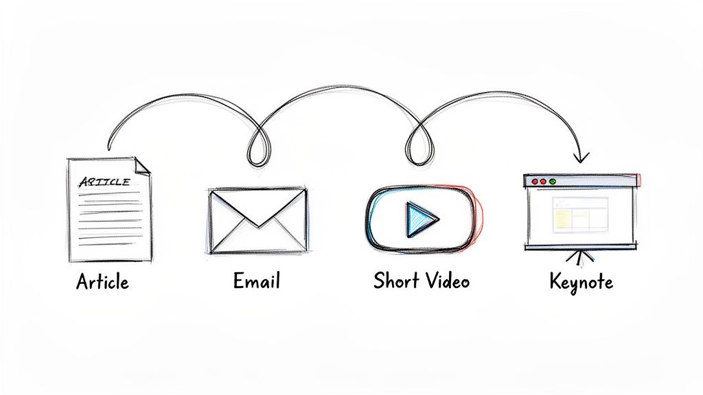A visual representation of content repurposing, showing an article transforming into an email, short video, and keynote presentation.