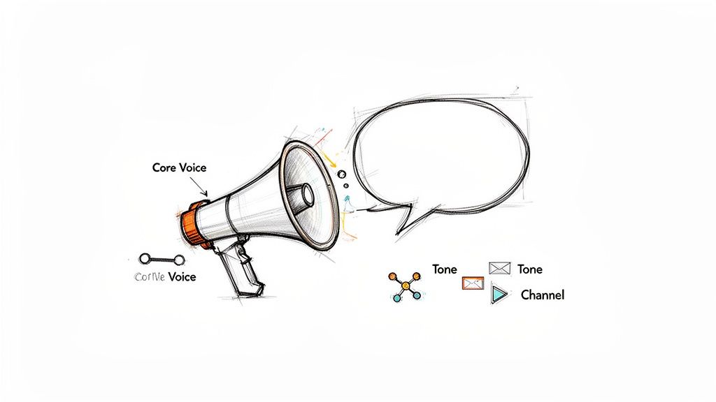 Sketch illustrating brand communication concepts: core voice, tone variations, and different channels.