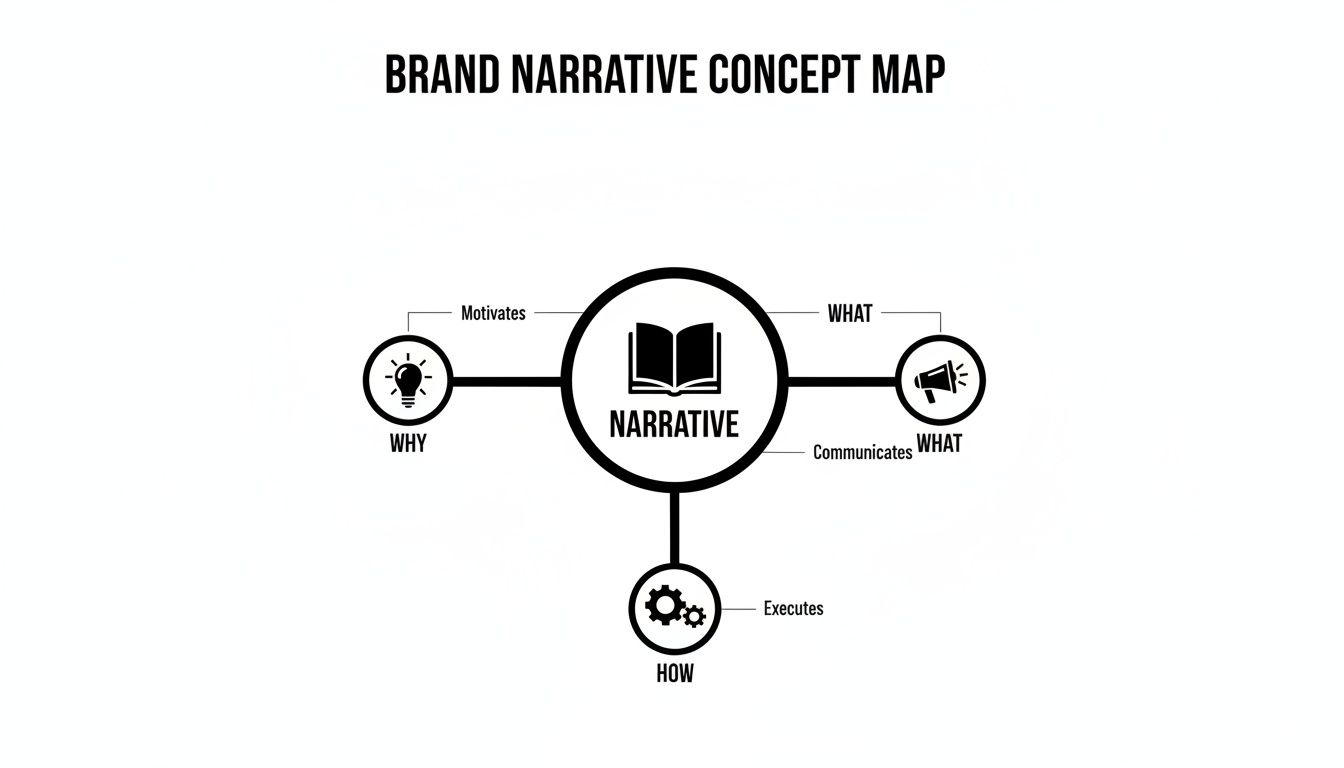A brand narrative concept map illustrating how narrative motivates why, communicates what, and executes how.