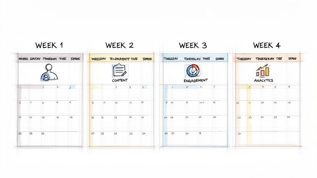 A hand-drawn four-week marketing calendar showing themes for user, content, engagement, and analytics.