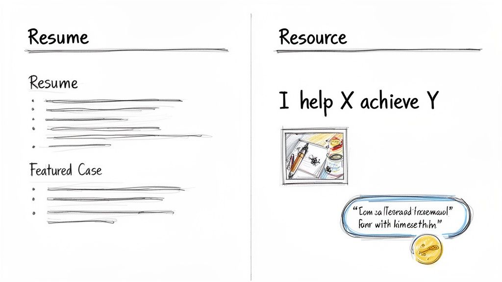 A hand-drawn comparison contrasts a traditional resume layout with bullet points against a resource offering 'I help X achieve Y'.