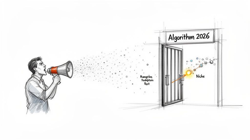 Man with megaphone aims particles at an open 'Algorithm 2026' door revealing a glowing 'Niche'.