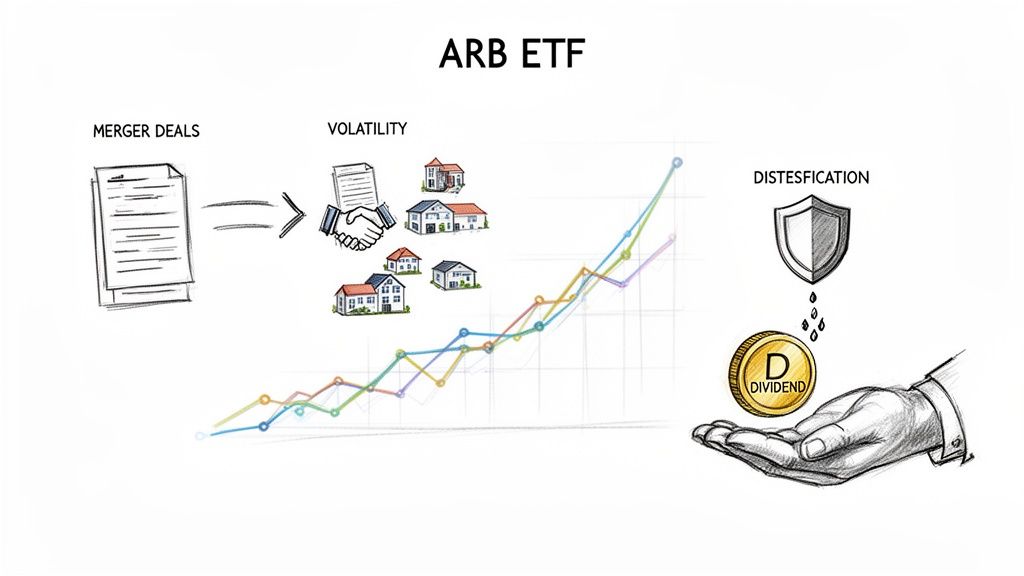 An ARB ETF strategy illustration detailing merger deals, market volatility, and dividend distribution.