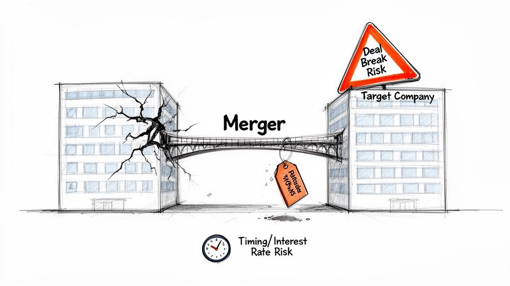 Illustration of a corporate merger between two buildings, highlighting deal break and timing/interest rate risks.