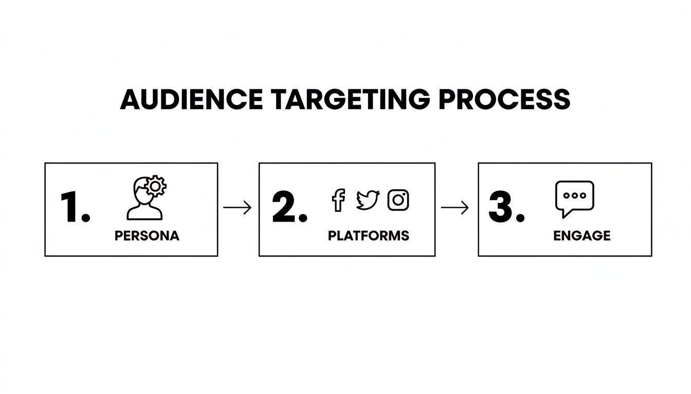 A three-step audience targeting process diagram: persona creation, platform selection (Facebook, Twitter, Instagram), and engagement.
