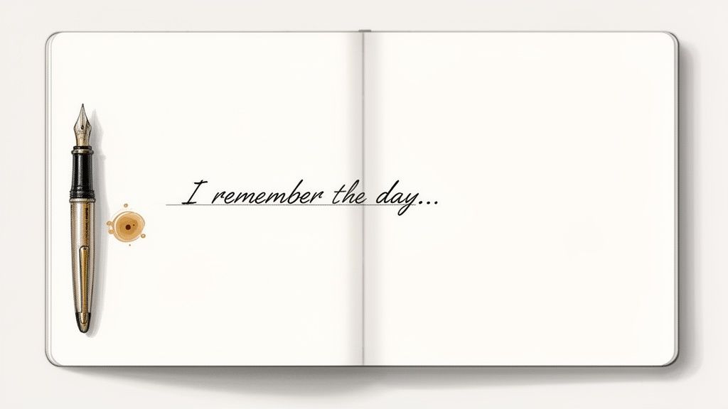 An open notebook with a fountain pen and a coffee stain, displaying the handwritten text 'I remember the day...'