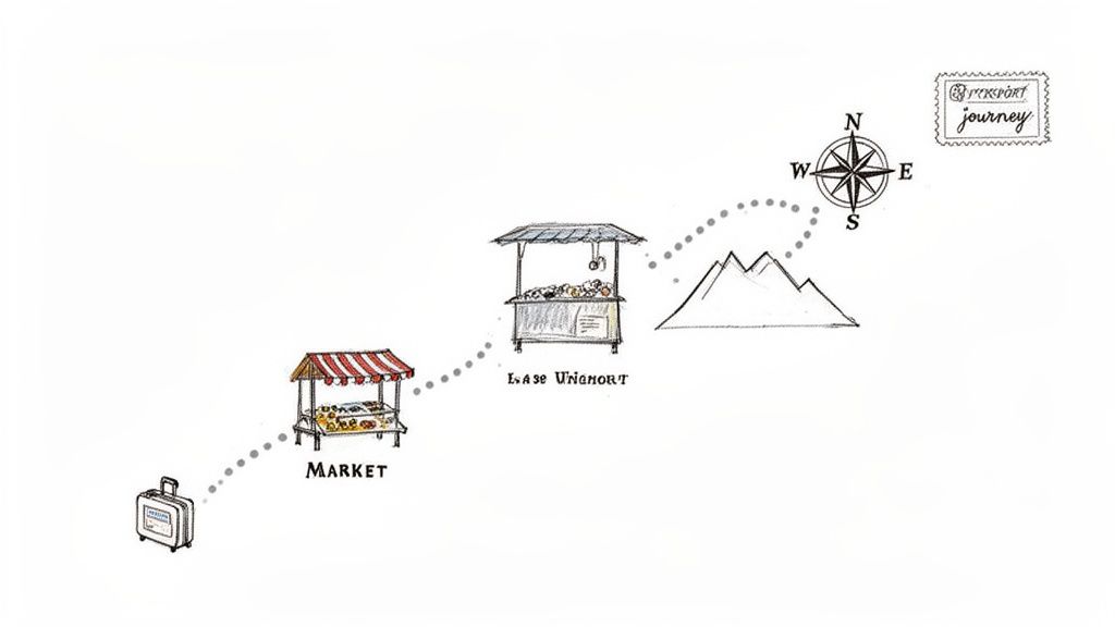 Hand-drawn illustration depicting a travel journey path with a suitcase, market stalls, mountains, compass, and passport stamp.