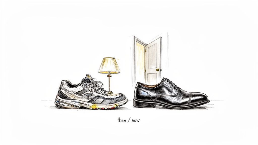 A side-by-side illustration of an old sneaker and a new dress shoe with a lamp and open door.