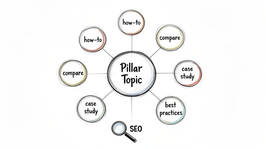 A mind map illustrating a central Pillar Topic with supporting content types like how-to, compare, case study, and best practices, all focused on SEO.