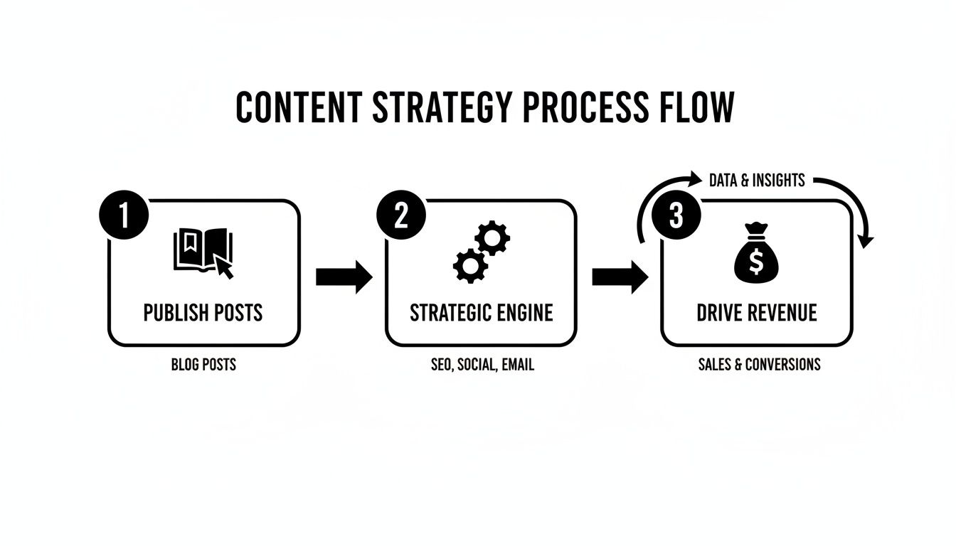 Flowchart illustrating a content strategy process from publishing blog posts to driving revenue with data feedback.