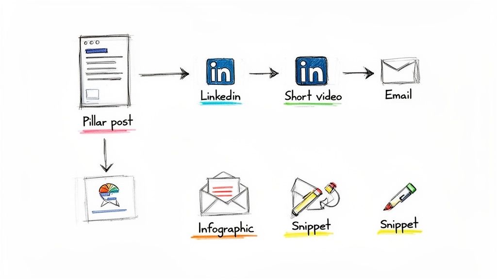 Diagram illustrating a content repurposing strategy: a pillar post transforms into LinkedIn posts, short video, email, infographics, and snippets.