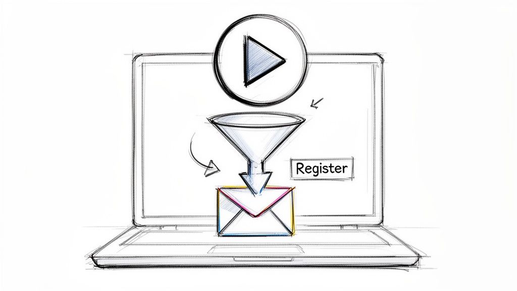 Sketch of a laptop illustrating a video leading through a funnel to email registration and list building.