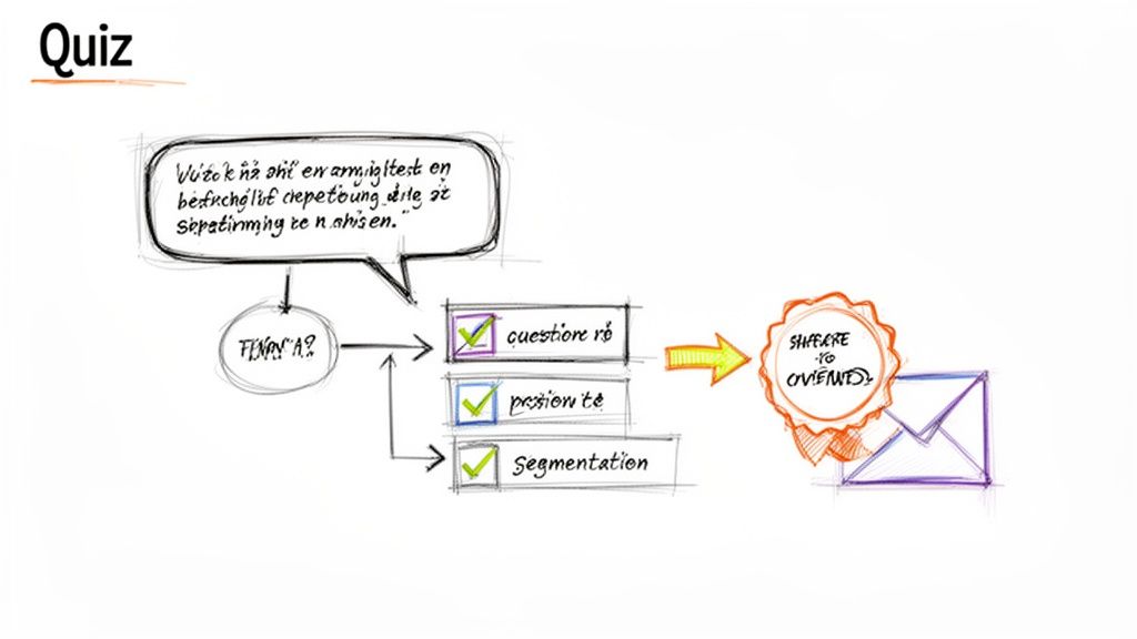A hand-drawn diagram illustrating a quiz process leading to audience segmentation and email sharing.