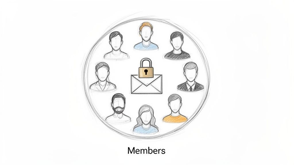 Pencil sketch of diverse members surrounding a locked email, representing secure communication or private group access.