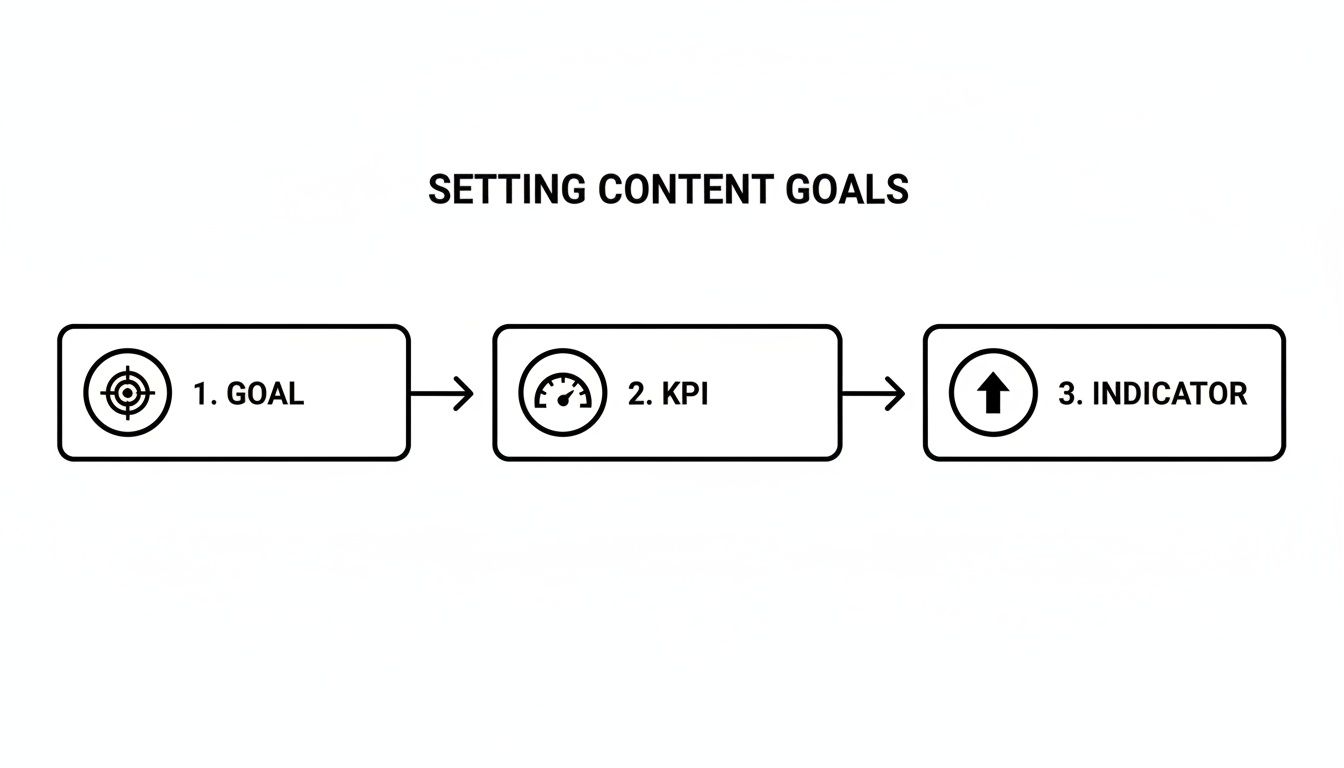 Diagram showing three sequential steps for setting content goals: Goal, KPI, and Indicator.