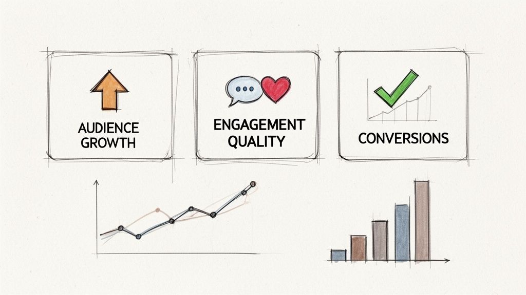 Visual representation of content performance metrics: Audience Growth, Engagement Quality, and Conversions with charts.