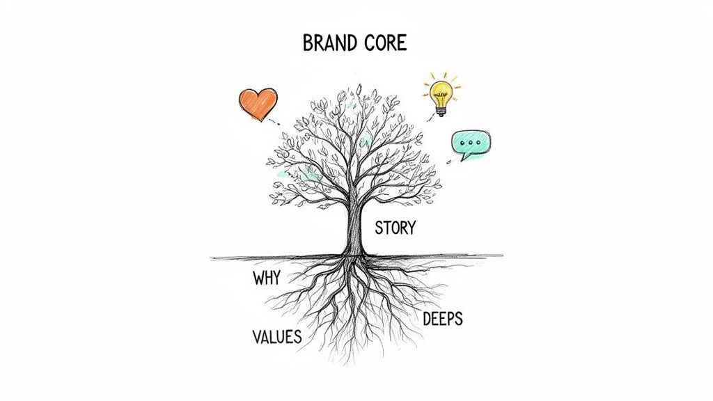 A hand-drawn tree diagram illustrates Brand Core, featuring Story, Why, Values, Deeps, heart, lightbulb, and speech bubble.