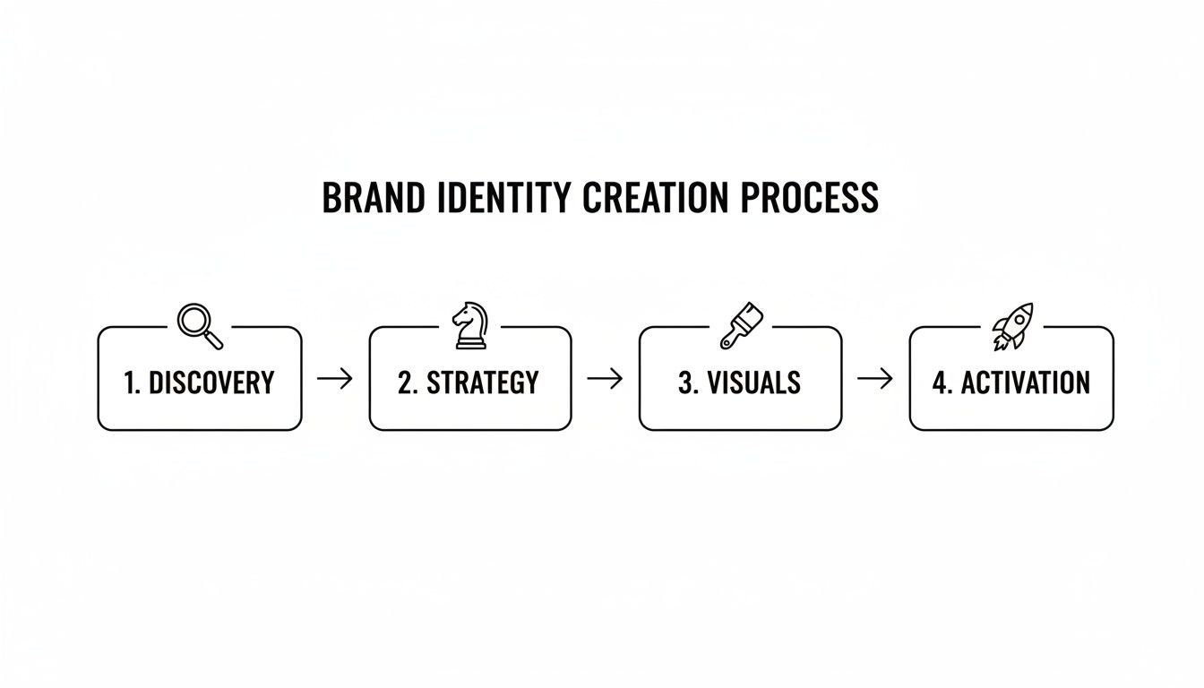 A diagram outlining the four-step brand identity creation process: discovery, strategy, visuals, and activation.