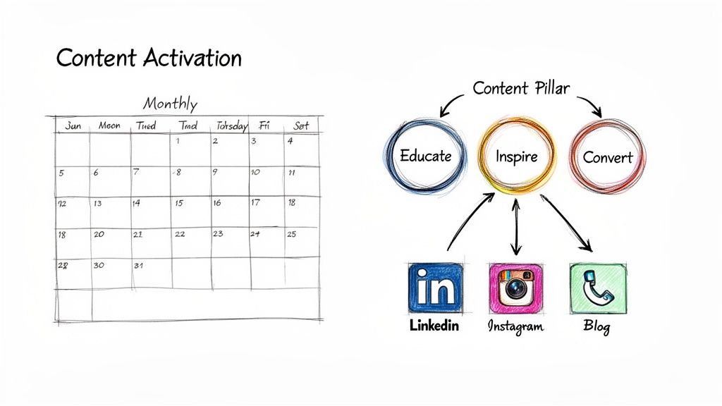 An infographic showing content activation strategy, a monthly calendar, and content pillars linked to social media channels.