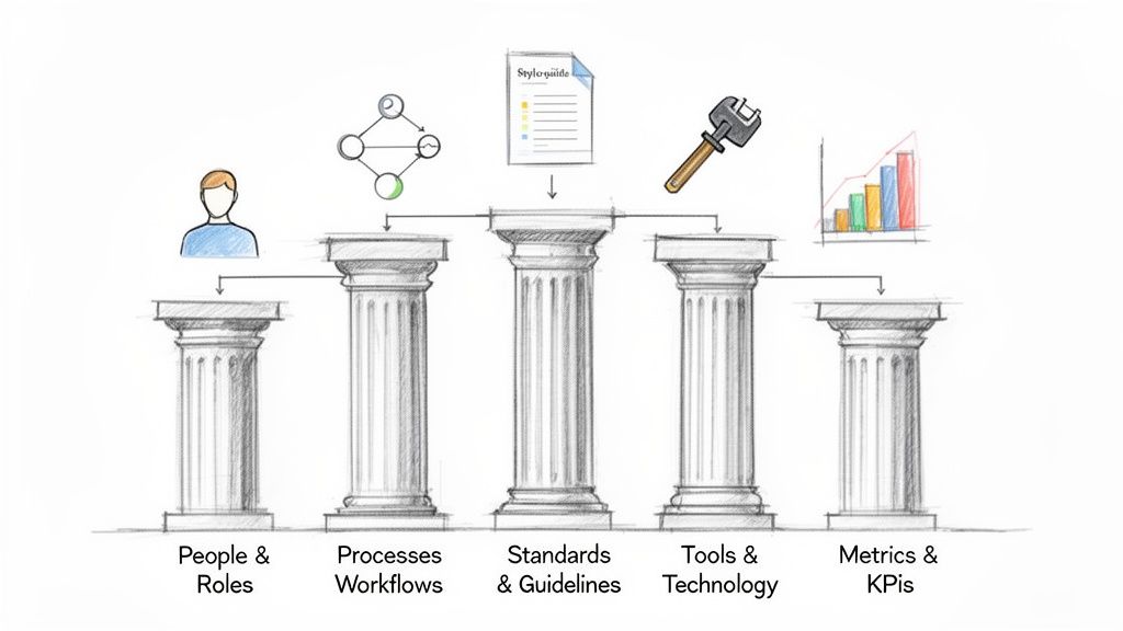 An illustration of five pillars supporting content governance: people, processes, standards, tools, and metrics.
