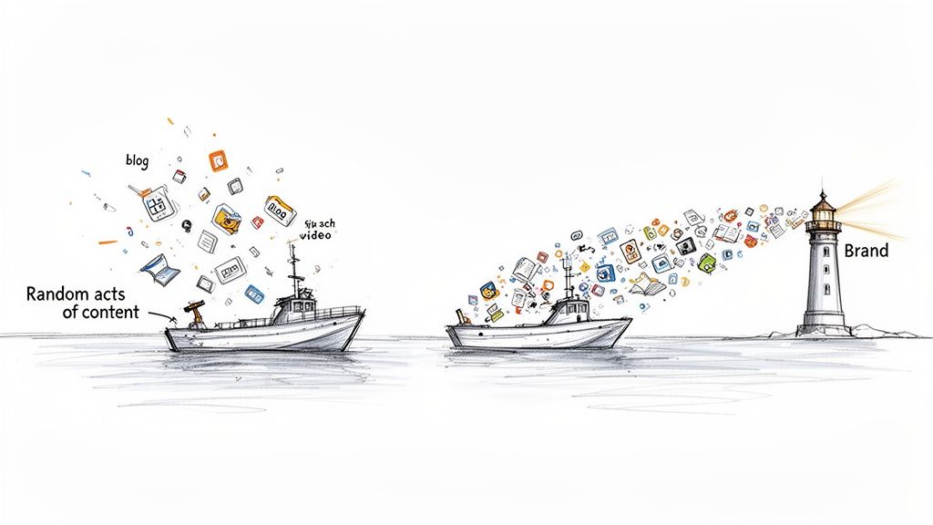 Boats illustrating random versus directed content strategy towards a brand lighthouse.