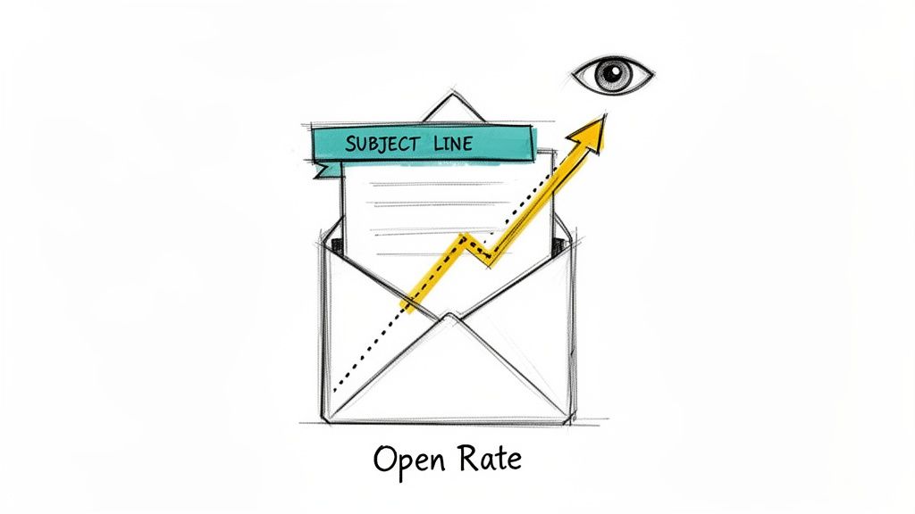 Subject line influences email open rate, with an eye symbolizing viewing an email and an upward trend.