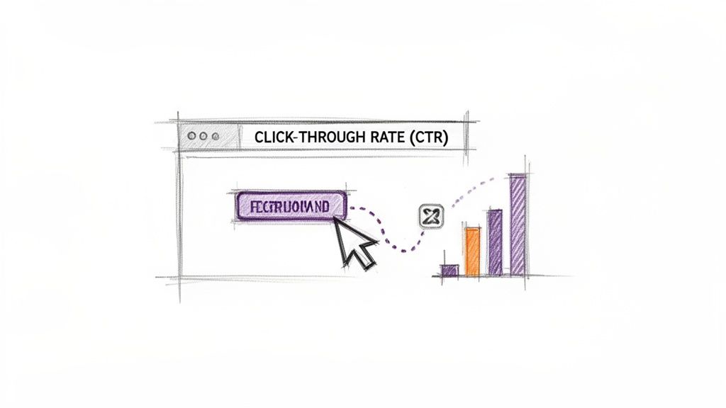 Hand-drawn illustration of click-through rate (CTR) showing a mouse click leading to a rising bar chart.