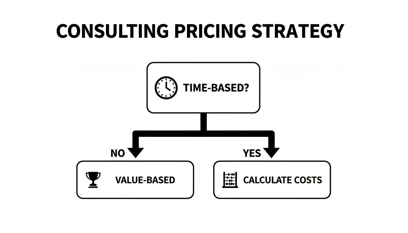 A flowchart illustrating consulting pricing strategies, differentiating between time-based and value-based approaches.