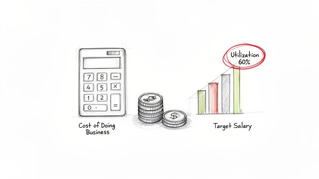 Sketch of a calculator, coins, and a bar chart showing business costs, target salary, and 60% utilization.