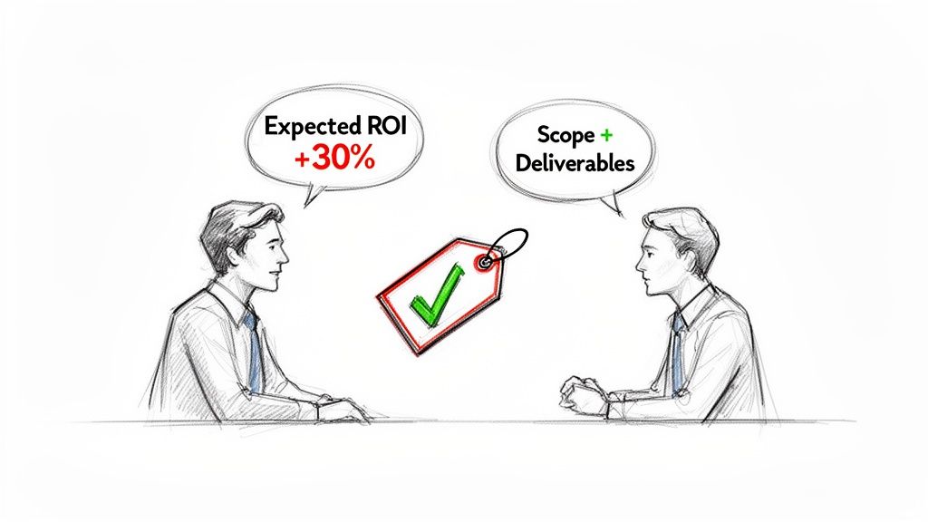 Two men discuss consulting service pricing, balancing expected ROI, scope, and deliverables with a checkmark price tag.