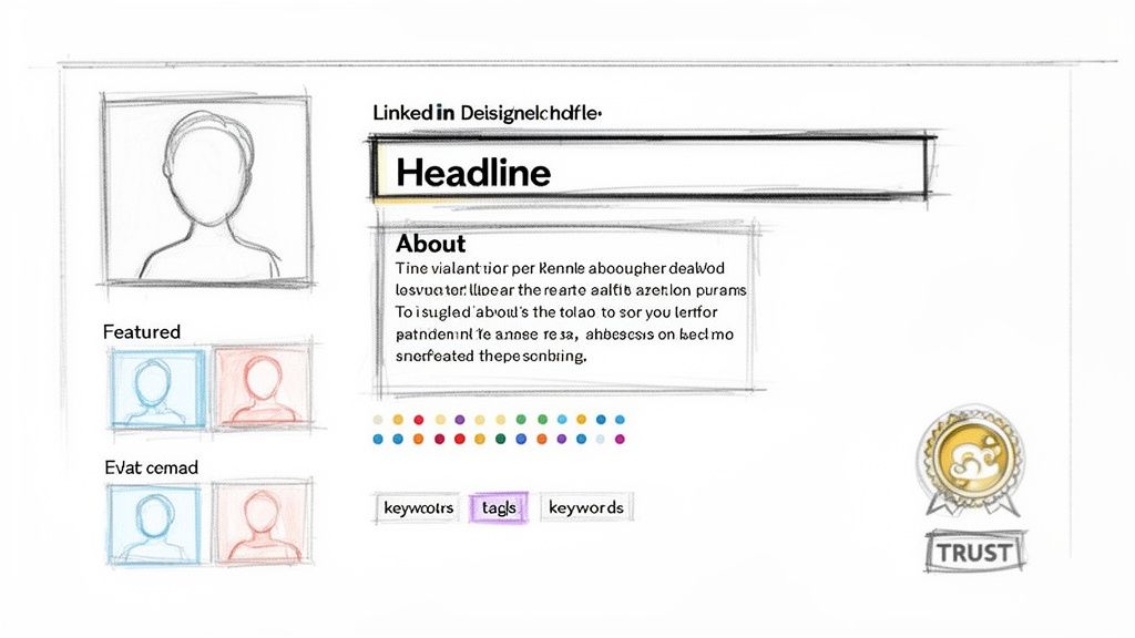 A hand-drawn sketch of a LinkedIn profile page featuring a profile picture, headline, about section, and trust badge.
