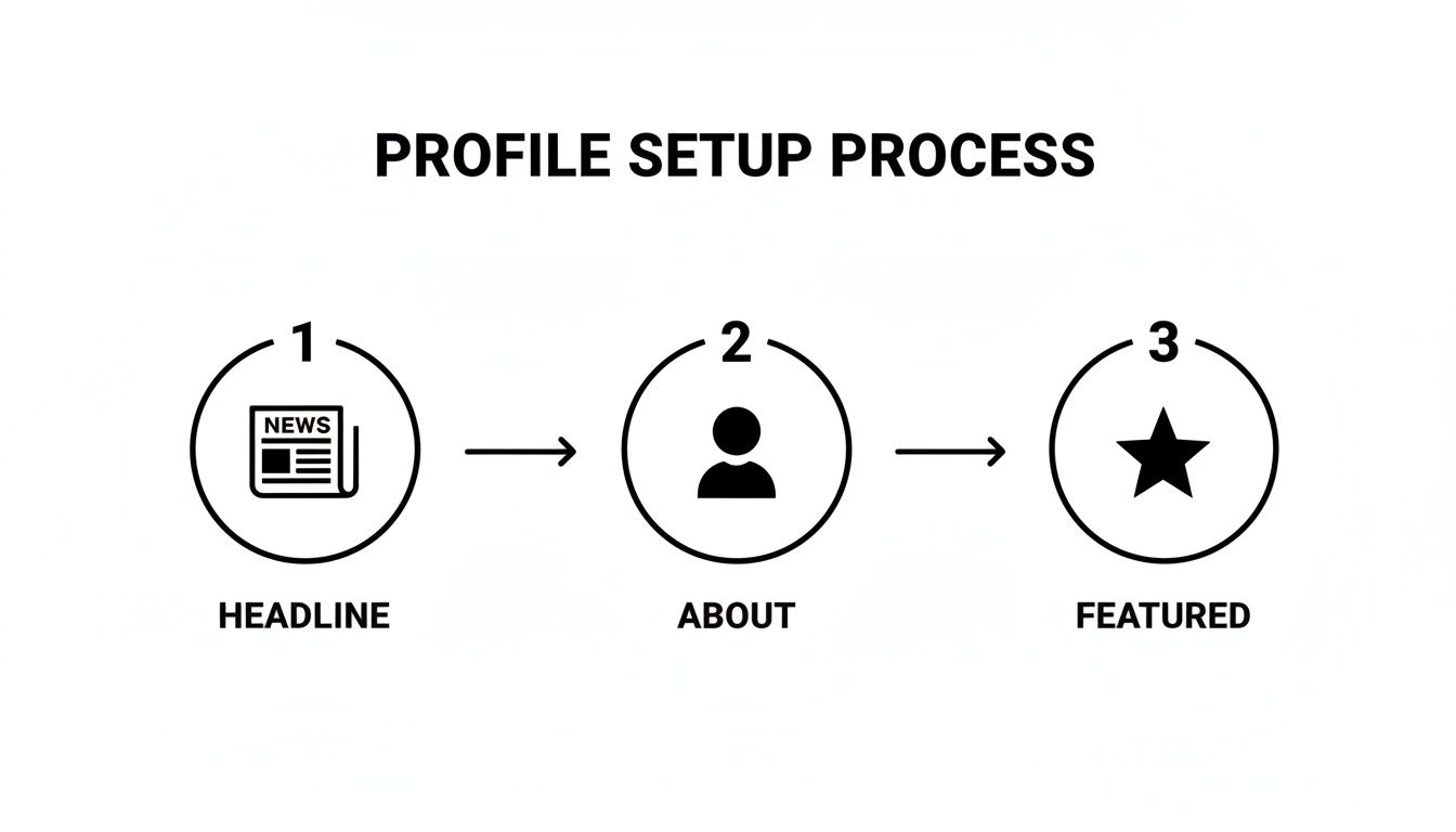 A three-step profile setup process diagram: Headline, About, and Featured, with corresponding icons.